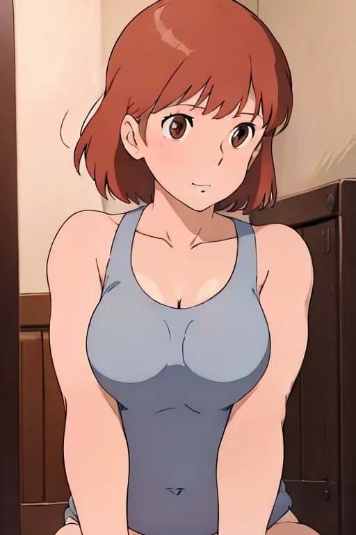 Nausicaa, 1girl, solo, cute, blush, slim, brown hair, (looking at away, cleavage), cowboy shot, huge breasts, (white tanktop:1.5), sit, bed, (perfect detailed anatomy, beautiful face&eyes, beautiful skin, perfect body)