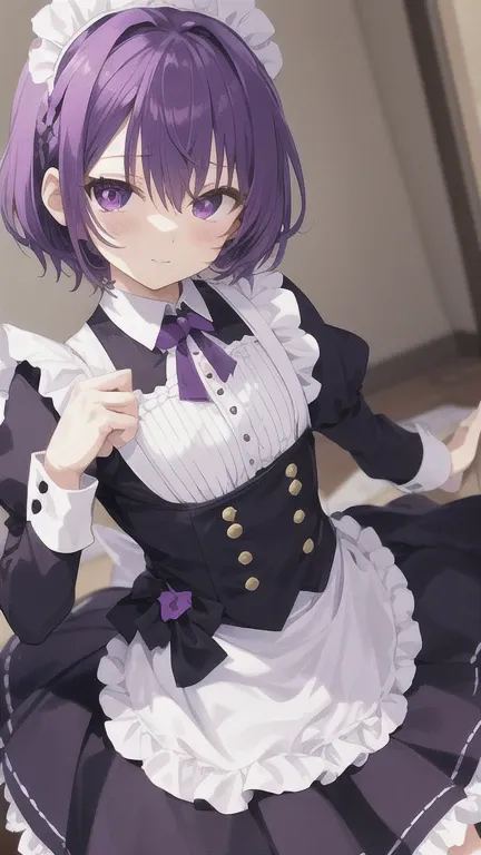 purple hair bobbed、Maid clothes、Purple eye、Shota、cute