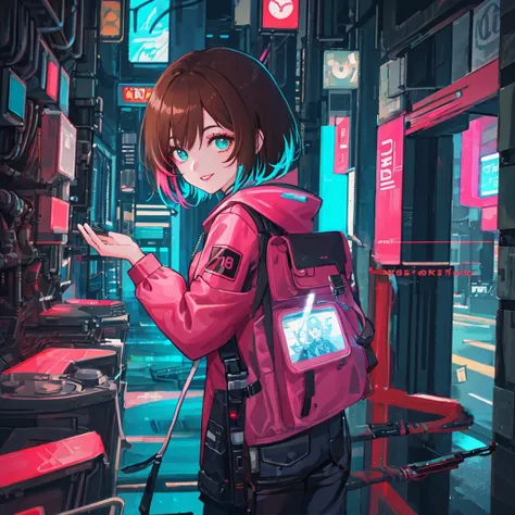 Cyberpunk, backpack, pink jacket, cybernetic