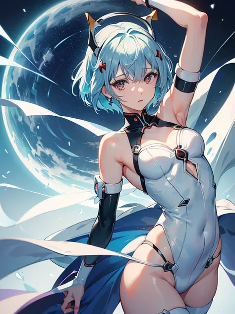 (((rei ayanami))),1 chica,Solo,(obra maestra,Mejor calidad, Arte oficial, hermoso y estetico:1.2),(ultra high resolution, (4k), (mapeo de fotones, radiosidad, physically based rendering,automatic white balance), Technological sense,asombroso,Sharp focus,ri...