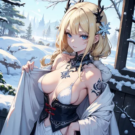 Pale lady with blonde hair and light blue eyes. Has snow flake like tattoos on her left cheek. She is wearing cloth wrappings around her breasts and a small dear skin skirt.