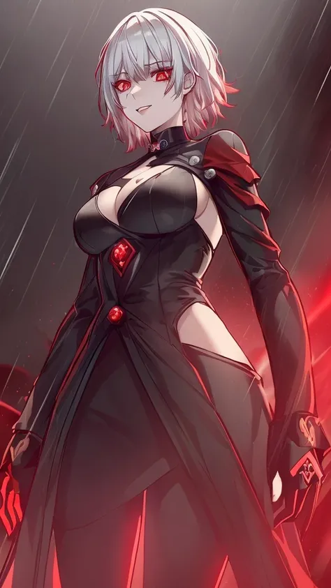 a dark red demon with horns, NSFW, no clothes, perfect body proportions, with red glowing eyes, red glowing eyes, evil smile and glowing eyes, the grim reapper, | demonic | horror themed, demon girl, grimdark vibes, evil glow, helltaker, dark art style, wi...