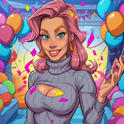 (cartoon style:1.2),  drawing of ([Jessica Chastain|Kelly Ripa|Mila Kunis]), wearing baggy turtleneck sweater, big grin, perfect eyes, detailed face, party background, fun pose, flirty look, confetti, balloons