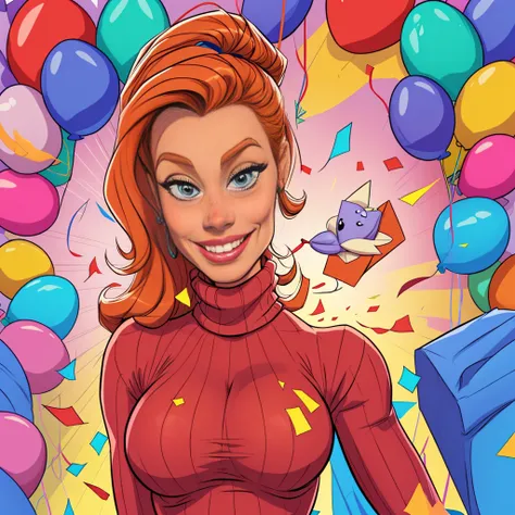 (cartoon style:1.2),  drawing of ([Jessica Chastain|Kelly Ripa|Mila Kunis]), wearing baggy turtleneck sweater, big grin, perfect eyes, detailed face, party background, fun pose, flirty look, confetti, balloons