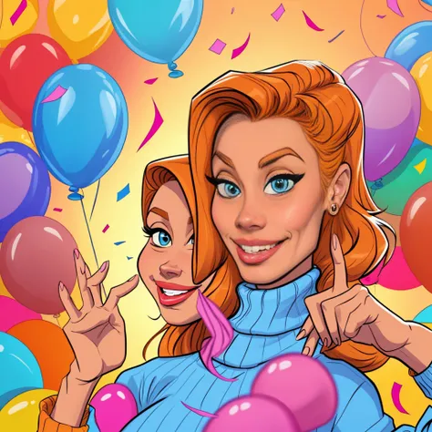 (cartoon style:1.2),  drawing of ([Jessica Chastain|Kelly Ripa|Mila Kunis]), wearing baggy turtleneck sweater, big grin, perfect eyes, detailed face, party background, fun pose, flirty look, confetti, balloons