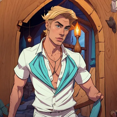 Fred Jones from Scooby-Doo, blond, white dress shirt with blue leaf, orange scarf around the neck, dark ambient, misterious ambient,1 boy, solo boy, bold 