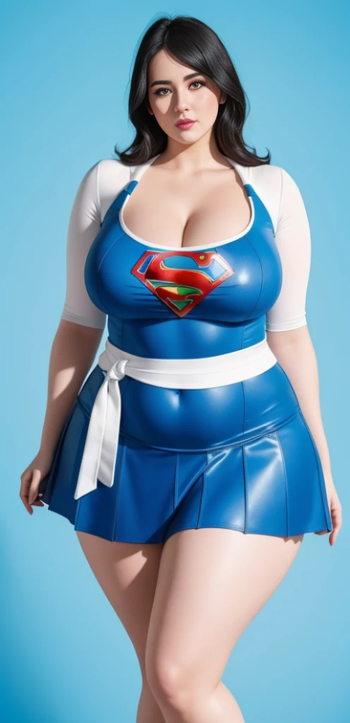 "An ultra-detailed 8k masterpiece of better quality and high saturation well focused. The image features an outfit illustration featuring a stunning plus size European woman wearing a super tight sexy white and blue supergirl mini skirt costume, including ...