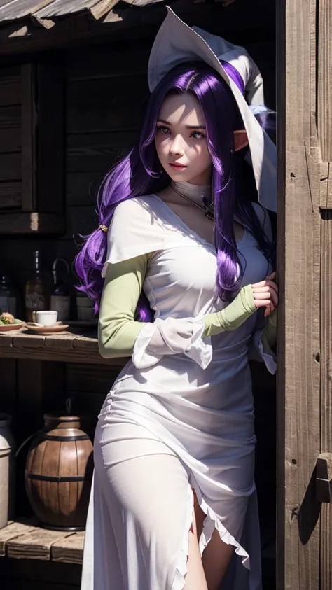 RAW, professional photograph, medium shot, photorealistic, hyper-realistic, ray tracing, super detail, UHD, 8k, female elf, twenty years old, athletic body, soft facial features, long hair, straight hair, purple hair,  purple eyes, white dress, Witch cloth...