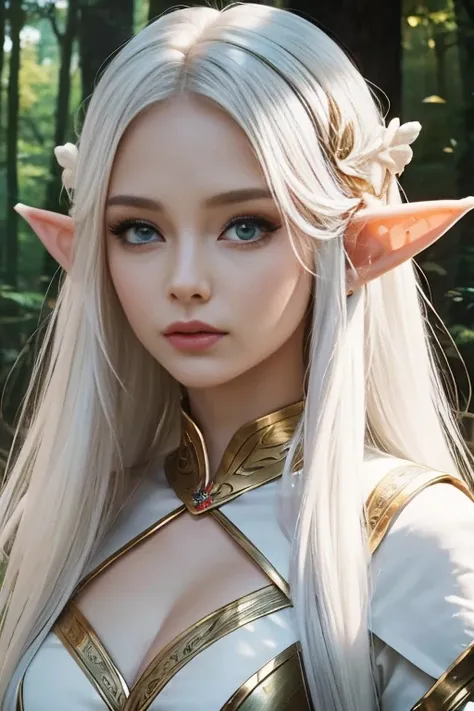 Elf woman with soft beauty,have beautiful hair white color very long, wearing warrior clothes inside the forest enchanted 