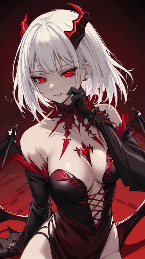 a dark red demon with horns, NSFW, no clothes, perfect body proportions, with red glowing eyes, red glowing eyes, evil smile and glowing eyes, the grim reapper, | demonic | horror themed, demon girl, grimdark vibes, evil glow, helltaker, dark art style, wi...