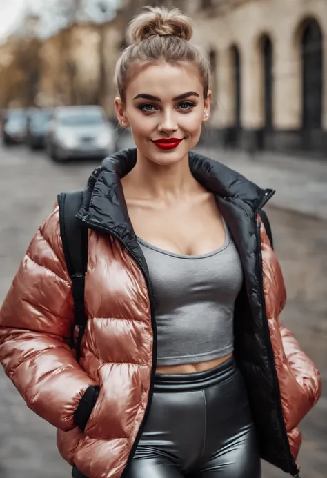 ultrarealistic high quality photo of a beautiful young tall busty european teen girl with cute face and natural blonde messy bun and beautiful smile, realistic eyes, freckles, glossy red lips, smokey eyes makeup, wearing metallic running tights and small s...