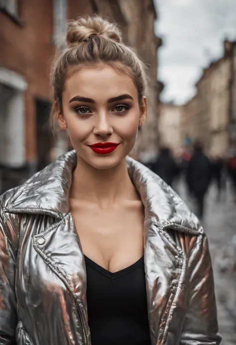 ultrarealistic high quality photo of a beautiful young tall busty european teen girl with cute face and natural blonde messy bun and beautiful smile, realistic eyes, freckles, glossy red lips, smokey eyes makeup, wearing metallic running tights and small s...