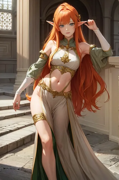 Elve femal with orange hair color ,have green eyes , long hair, perfect face and body , shining  Visage détaillé, chevalier, armure