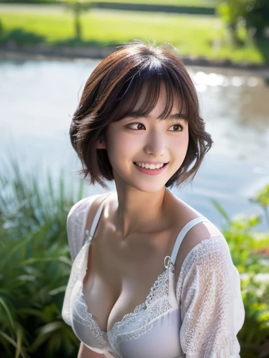 Converted to female、High resolution、beautiful japanese woman、Lovely、shortcut、cute、20th generation、Slender、Medium chest、cleavage、You can see a glimpse of the lace on her navy blue underwear.、white blouse、shy smile、
