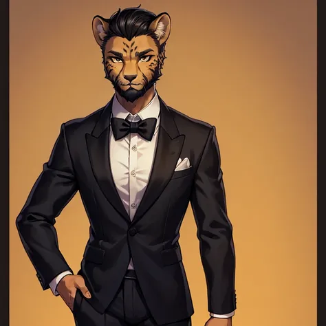 Cheetah-human, cheetah head, cheetah face, male, short hair, black hair, formal clothes, antro, solo, non-human, hair, beard,