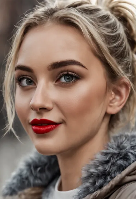 ultrarealistic high quality photo of a beautiful young tall busty european teen girl with cute face and natural blonde messy bun and beautiful smile, realistic eyes, freckles, glossy red lips, smokey eyes makeup, wearing metallic running tights and small s...