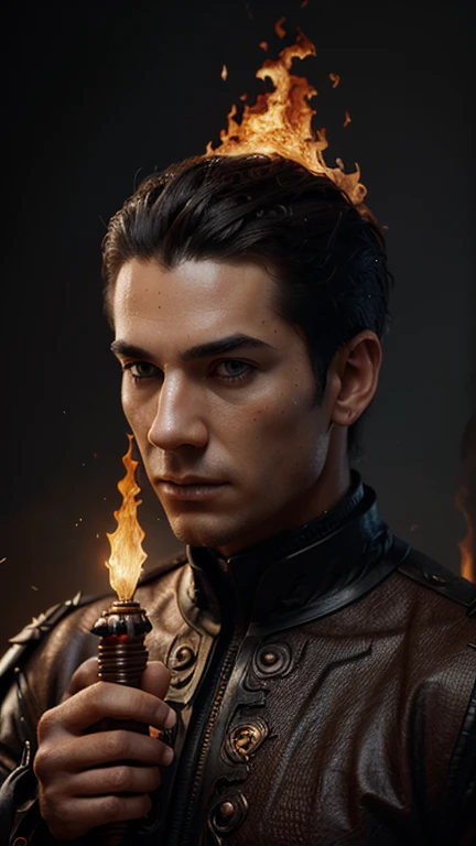 A man made of fire from his feet to the top of his head, intricate heat distortion designs, elegant focus, highly detailed and sharp, art by Artgerm and Greg Rutkowski and WLOP, dark fantasy, 3D rendering, typography, portrait photography , conceptual art,...