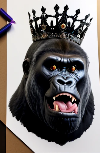 gorilla with royal crown on head drawn with ink outlines screaming with mouth wide open and evil eye, mehrdimensionales quilling...