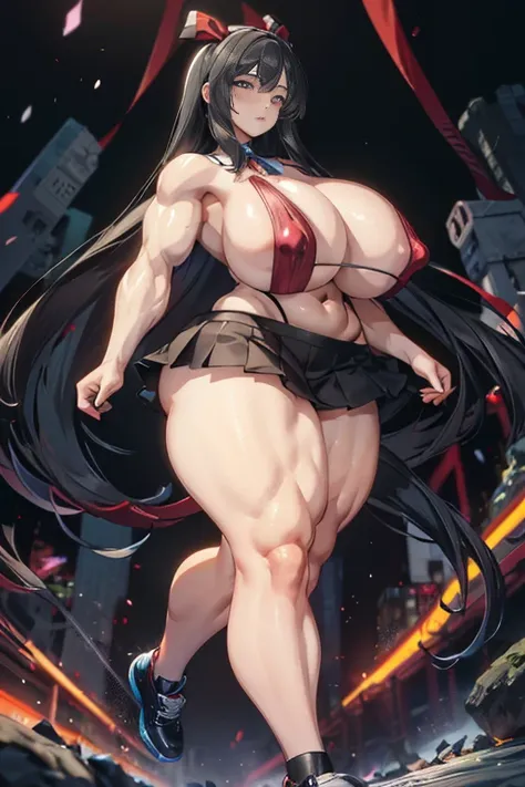 Best quality,8K,ultra high res:1.5),(Pretty very very long straight hair tied with red ribbon girl),(Huge breasts:1.20),(very voluptuous body),(very voluptuous thigh),(body builder girl:1.5),(wide muscle:1.8),(light smile),(eyes to camera),(light black hai...