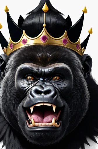 gorilla with royal crown on head drawn with ink outlines screaming with mouth wide open and evil eye, mehrdimensionales quilling...