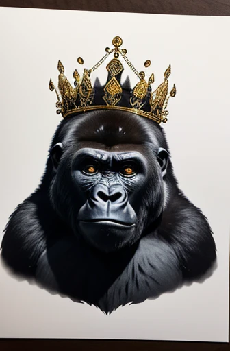 gorilla with royal crown on head drawn with ink outlines screaming with mouth wide open and evil eye, mehrdimensionales quilling...