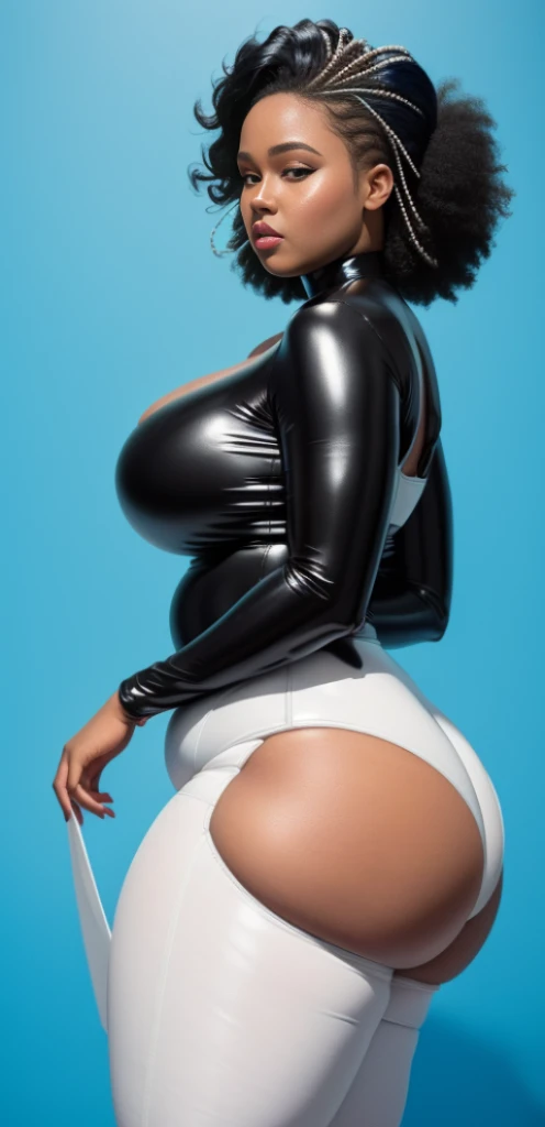 "An ultra-detailed 8k masterpiece of better quality and high saturation well focused. The image features an outfit illustration featuring a beautiful plus size black woman wearing a super tight sexy white LEATHER BODYSUIT, including a blue background, long...