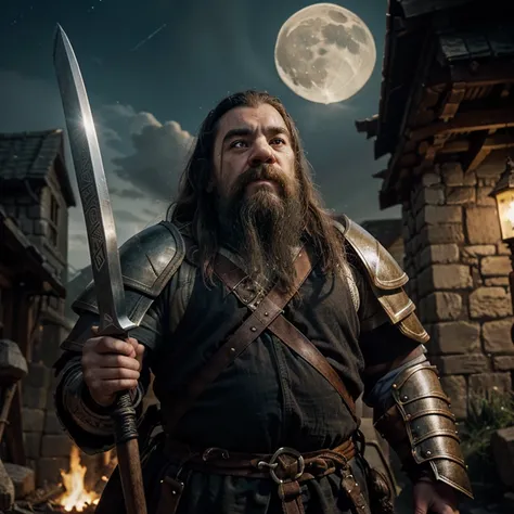 A ugly with a scar on the face Dwarf from Tolkien history books. He is holding a sword and shield and wearing a banded armor . The background is a medieval city in the moon. Hd and HDR image with good contrast 