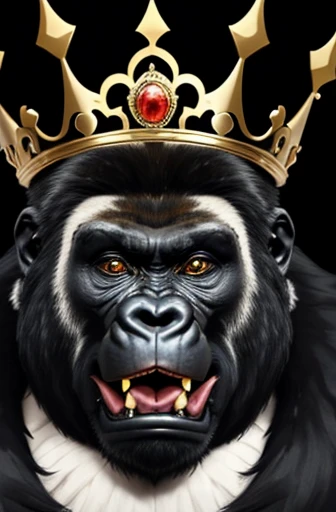 gorilla with royal crown on head drawn with ink outlines screaming with mouth wide open and evil eye of a brutal aura, mehrdimen...