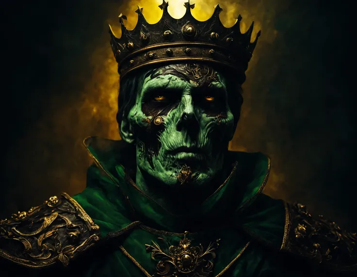 (best quality,4k,8k,highres,masterpiece:1.2),ultra-detailed,(realistic,photorealistic,photo-realistic:1.37),medieval zombie king portrait,green royal clothing,armor,undead,fantasy,trending on artstation,art by Mike Azevedo and Alex Negrea,portraits,dark at...