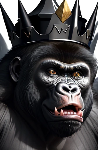 gorilla with royal crown on head drawn with ink outlines screaming with mouth wide open and evil eye of a brutal radiance of vio...