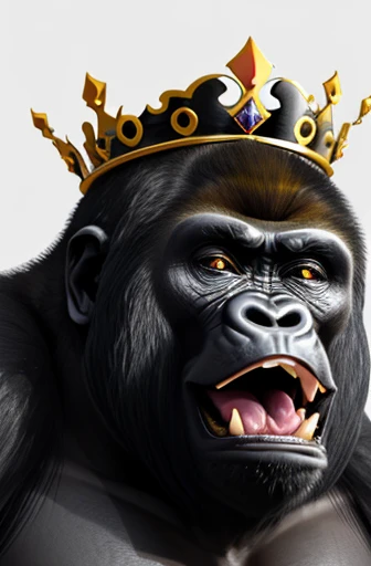 gorilla with royal crown on head drawn with ink outlines screaming with mouth wide open and evil eye of a brutal radiance of vio...