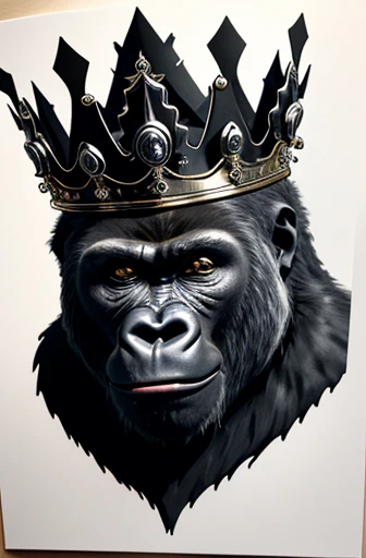 gorilla with royal crown on head drawn with ink outlines screaming with mouth wide open and evil eye of a brutal radiance of vio...