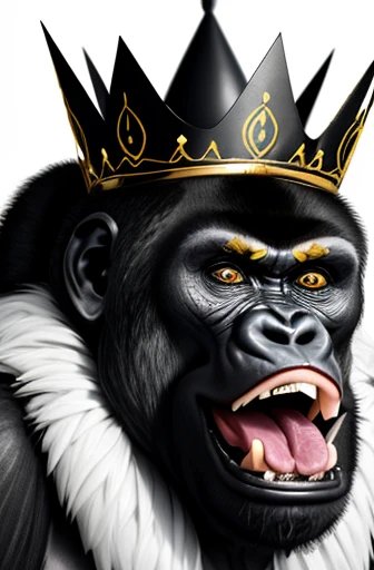 gorilla with royal crown on head drawn with ink outlines screaming with mouth wide open and evil eye of a brutal radiance of vio...