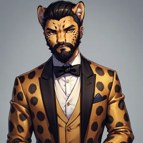 cheetah-human, cheetah head, cheetah face, male, short hair, black hair, formal clothes, antro, solo, non-human, hair, beard, ma...