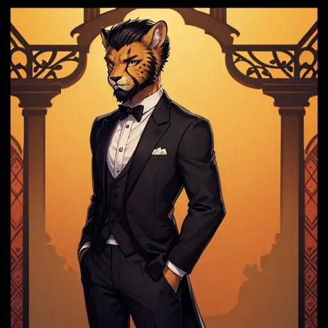 cheetah-human, cheetah head, cheetah face, male, short hair, black hair, formal clothes, antro, solo, non-human, hair, beard, di...