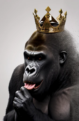 gorilla with royal crown on his head, zeichnet mit tintenumrissen, screaming with his mouth wide open and an angry look, der bru...