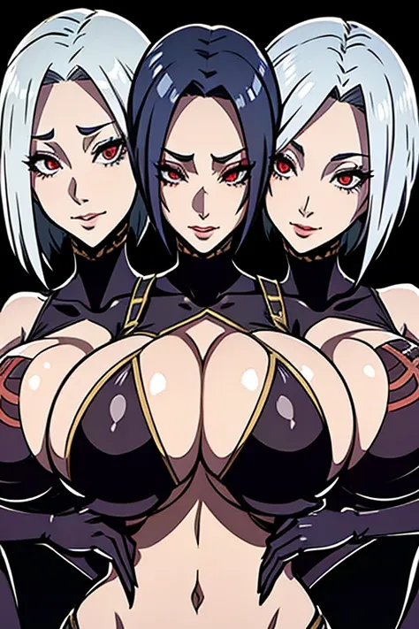 Conjoined naked arachne rachnera with three heads and four big fake breast