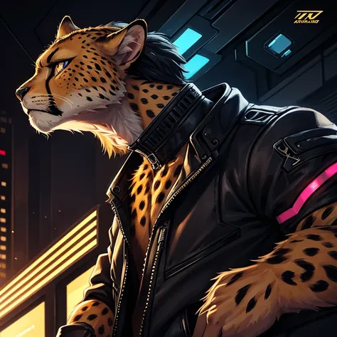 cheetah-human, cheetah head, cheetah face, male, short hair, black hair, cyberpunk clothes, antro, solo, non-human, hair, beard,...