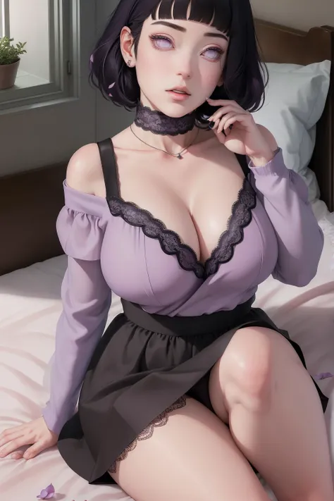 (masterpiece) (huge titusty, masterpiece, absurdres, hinata(boruto), 1girl, solo,mature female, off-shoulder bra, high waist black short skirt, looking at viewelling petals), perfect composition, detailed lips, big breast, beautiful face, body propotion, b...