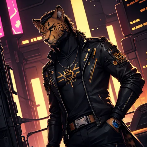 cheetah-human, cheetah head, cheetah face, male, hair, black hair, cyberpunk clothes, antro, solo, non-human, hair, beard, ciber...