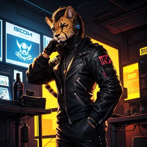 cheetah-human, cheetah head, cheetah face, male, hair, black hair, cyberpunk clothes, antro, solo, non-human, hair, beard, ciber...