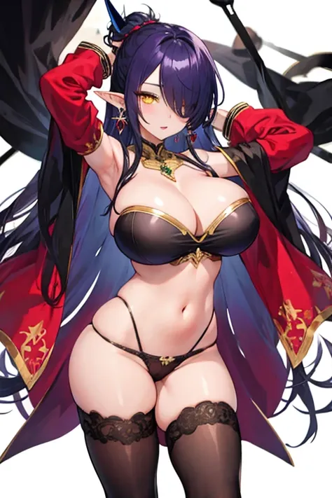 1girl, bare shoulders, black hair, black panties, dark-skinned female, dark elf, dark skin, detached sleeves, earrings, elf, hair over one eye, jewelry, huge breasts, long hair, looking at viewer, navel, olga discordia, panties, parted lips, pointy ears, p...