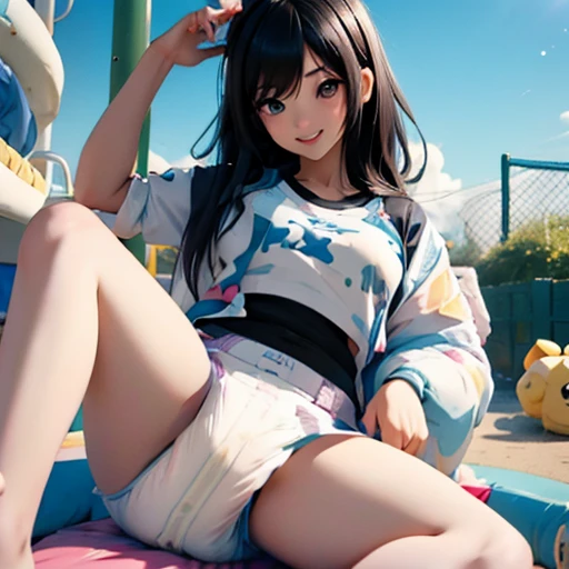 cute kpop girl, pee diaper, wet diaper, tight diaper, full diaper, smile, long hair, black hair, playground, sunny, outside, pla...