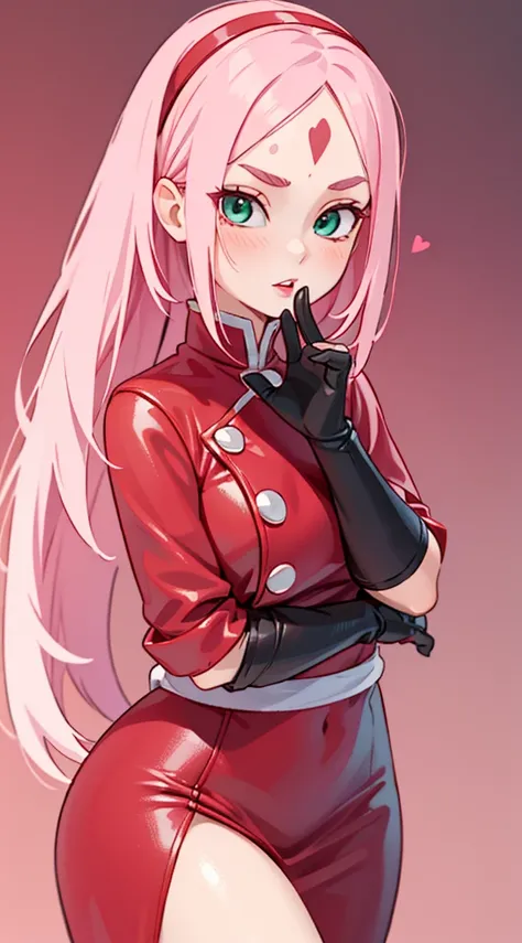 young woman, white skin, long bubblegum pink hair, red headband, wide forehead, pink eyebrows, big emerald green eyes, buttoned nose, thick red lips, heart shaped face, leather red dress, great detail, Sakura Haruno, realistic, realism 3d black gloves