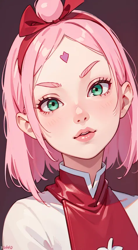 young woman, white skin, long bubblegum pink hair, red headband, wide forehead, pink eyebrows, big emerald green eyes, buttoned nose, thick red lips, heart shaped face, leather red dress, great detail, Sakura Haruno, realistic, realism 3d black gloves