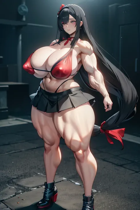 Best quality,8K,ultra high res:1.5),(Pretty very very long straight hair tied with red ribbon girl),(Huge breasts:1.20),(very voluptuous body),(very voluptuous thigh),(body builder girl:1.5),(wide muscle:1.8),(light smile),(eyes to camera),(light black hai...