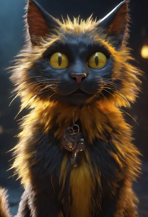 Creates a black cat with yellow eyes and shaggy fur, Ferocious cat, please hold the mic.