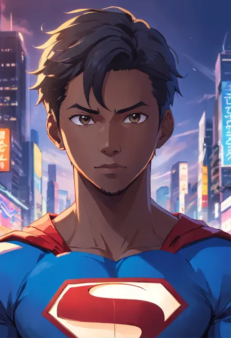 (best quality:1.33), (masterpiece:1.42), (realistic:1.24), (detailed:1.15), Generate an image of a 34-year-old black man dressed as a superman with flashy special effects and eye-catching, such as bursts of energy or lightning, Ross Tran style, professiona...