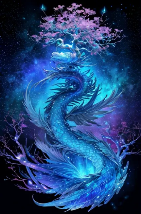 crystal dragon god，(Made of rainbow crystal)，bioluminiscent creature,(peach blossom),(On delicate branches)、intricate artwork . Rendering with Octane, Trending at Art Station,T-symmetrical artwork. night,starry sky,starlight, cinematic, ultra realistic rea...