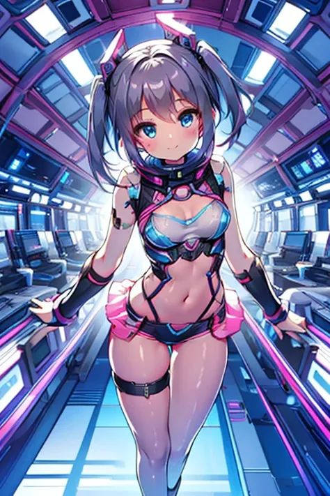 8K, RAW photo, night light, Beautiful cyberpunk style young girl, Light blue and pink shorthair, pink eyes, high resolution skins, Beautiful woman in a black top and short skirt, pose for a photo, Multi-point, 19 years old, reveal her sexy body, hourglass ...